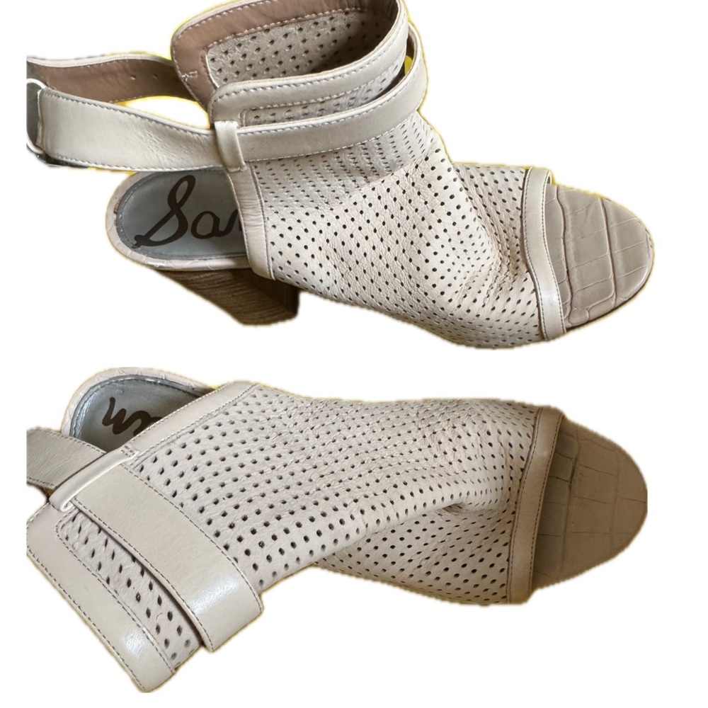 Sam Edelman Perforated Leather Ankle Strap Block Heel Sandals Beige size 8